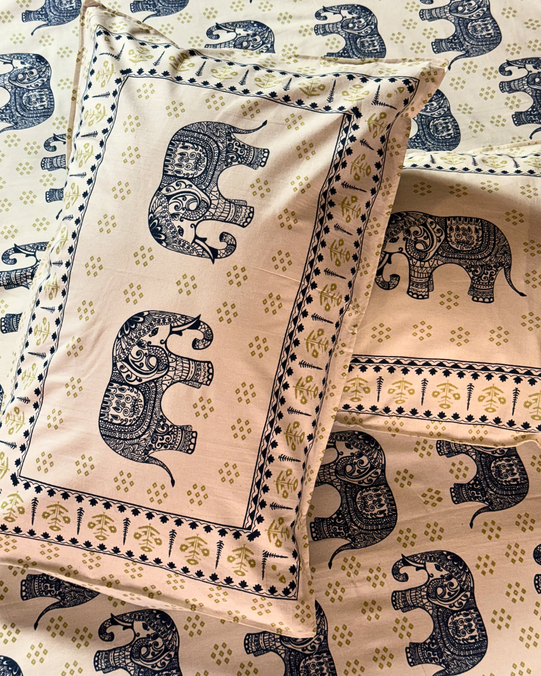 Premium Cotton Elephant Print Double Bedsheet with 2 Pillow Covers – Ethnic Handblock Style Soft Breathable Bed Sheet Set for Queen & King Size Beds - FaagHomes