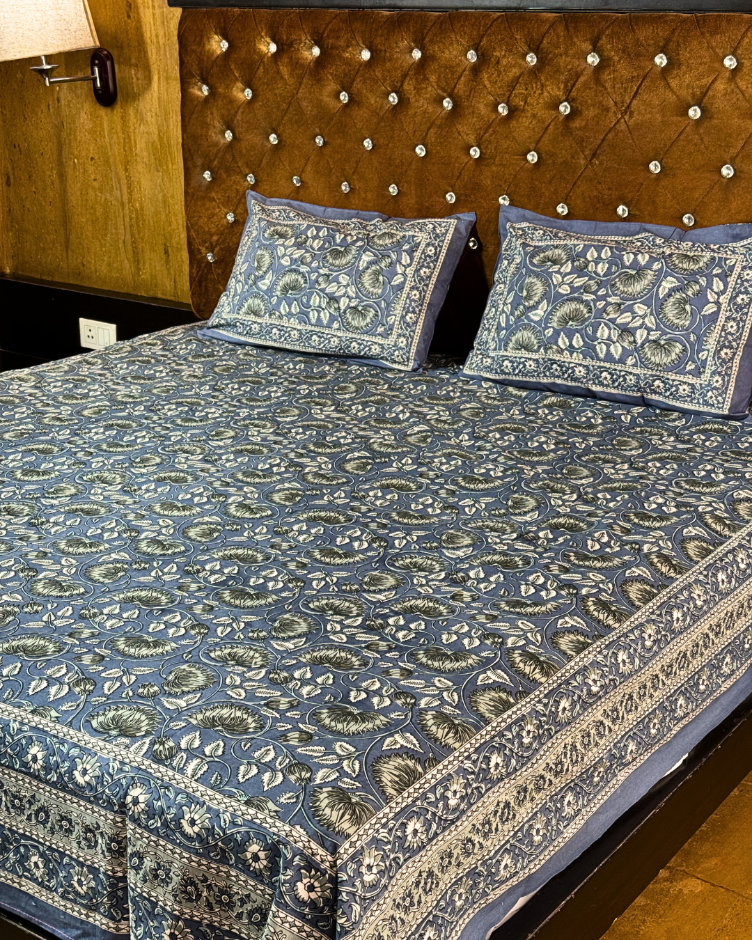Premium Cotton Floral Print Double Bedsheet with 2 Pillow Covers – Elegant Blue Handblock Style Bed Sheet Set for Queen & King Size Beds - FaagHomes