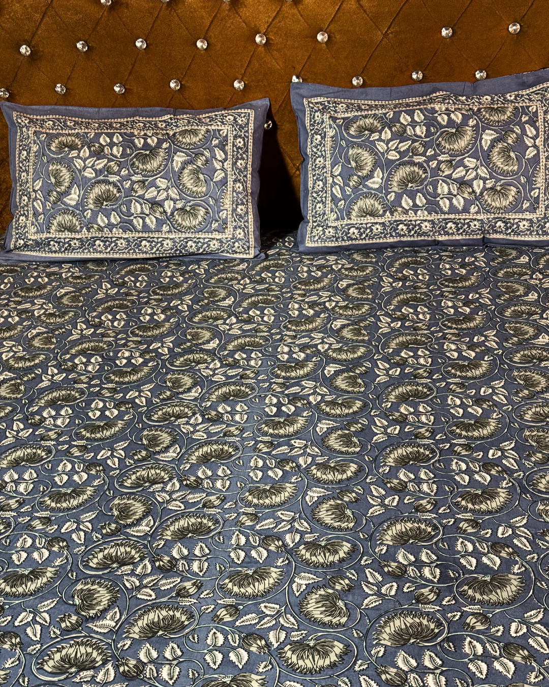 Premium Cotton Floral Print Double Bedsheet with 2 Pillow Covers – Elegant Blue Handblock Style Bed Sheet Set for Queen & King Size Beds - FaagHomes