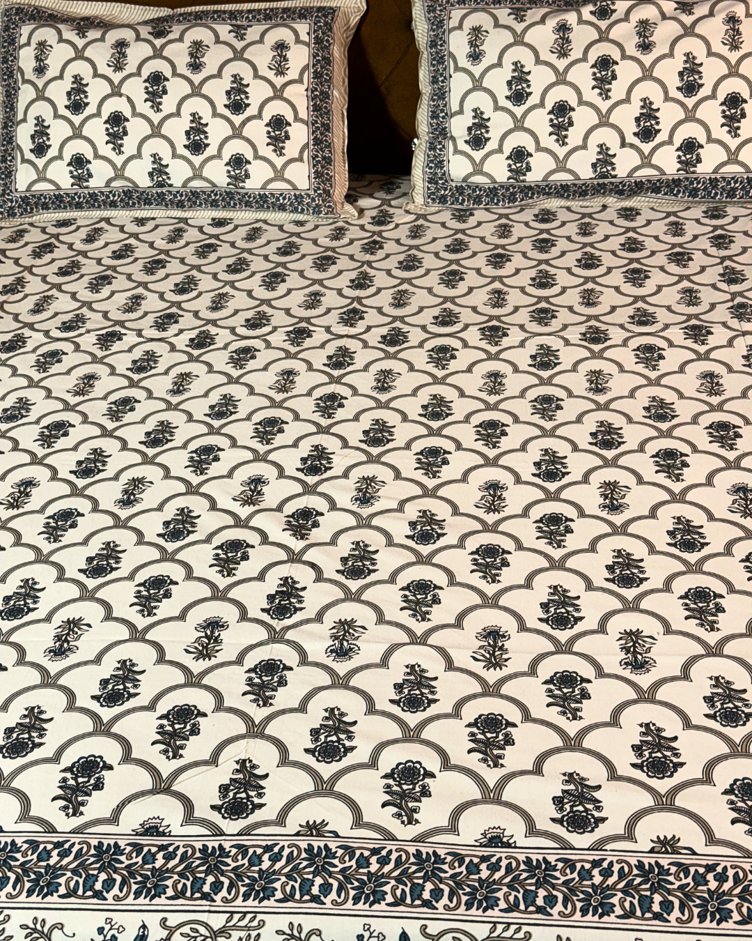 Premium Cotton Floral Print Double Bedsheet with 2 Pillow Covers – Elegant Handblock Style White & Blue Bed Sheet Set for Queen & King Size Beds - FaagHomes