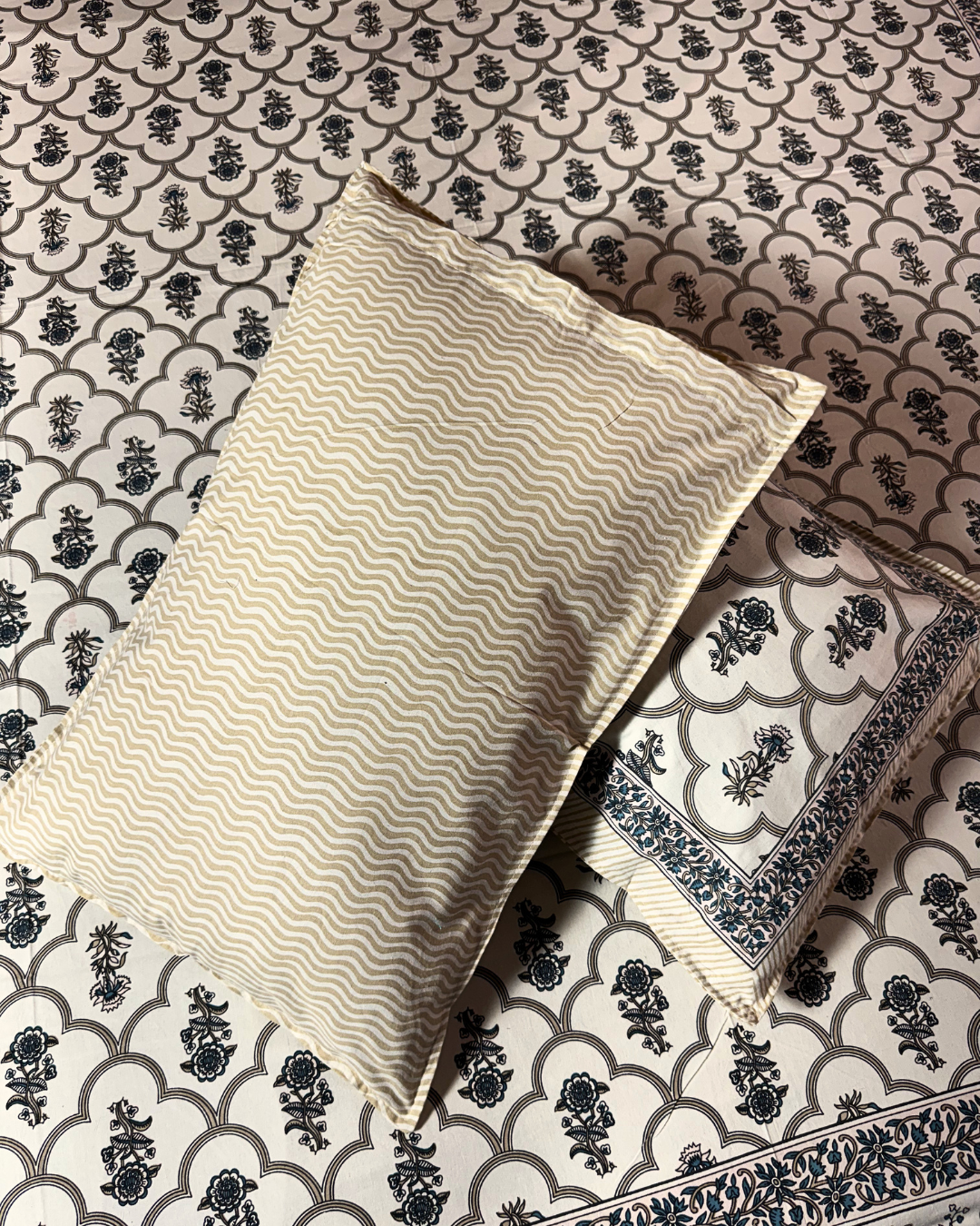 Premium Cotton Floral Print Double Bedsheet with 2 Pillow Covers – Elegant Handblock Style White &amp; Blue Bed Sheet Set for Queen &amp; King Size Beds - FaagHomes