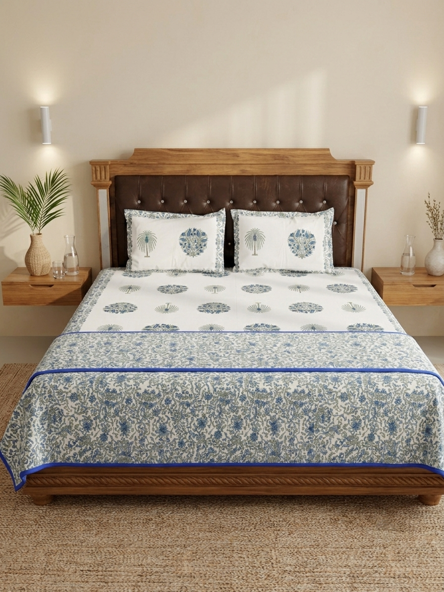 A neatly made bed in a styled bedroom setting, featuring a white and blue patterned cotton sheet set with matching pillowcases and a decorative blue border. The bed has a brown leather and wood headboard, flanked by wooden bedside tables with decorative items.