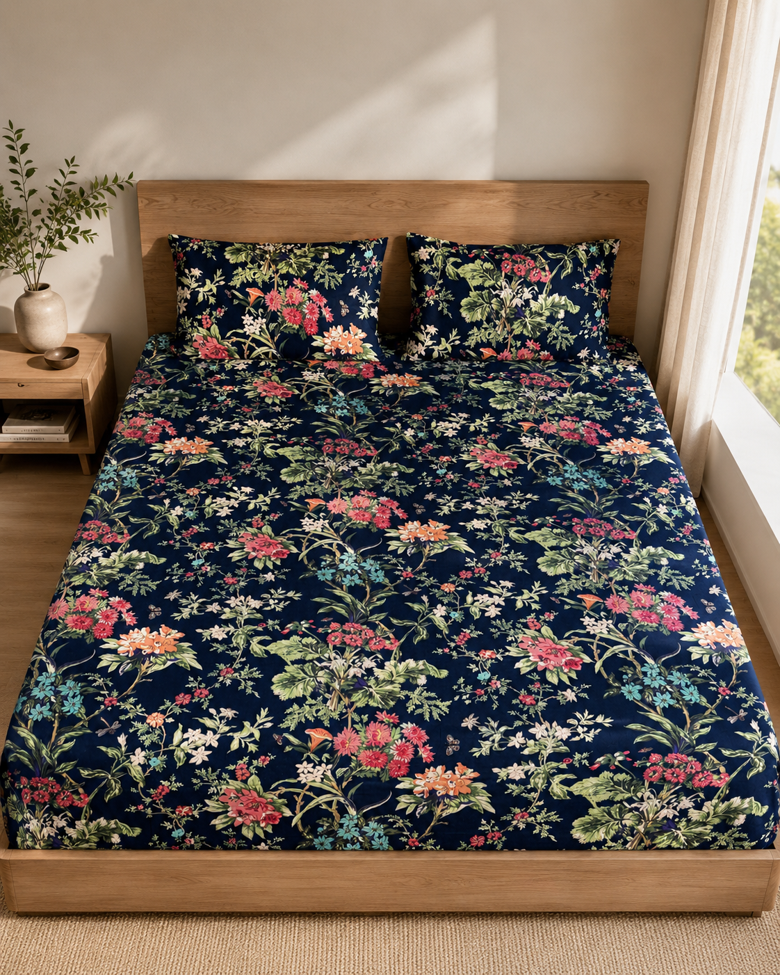 Udaipur Midnight Garden King Xl Bed Sheet And Two Pillow Covers 108X108 - FaagHomes