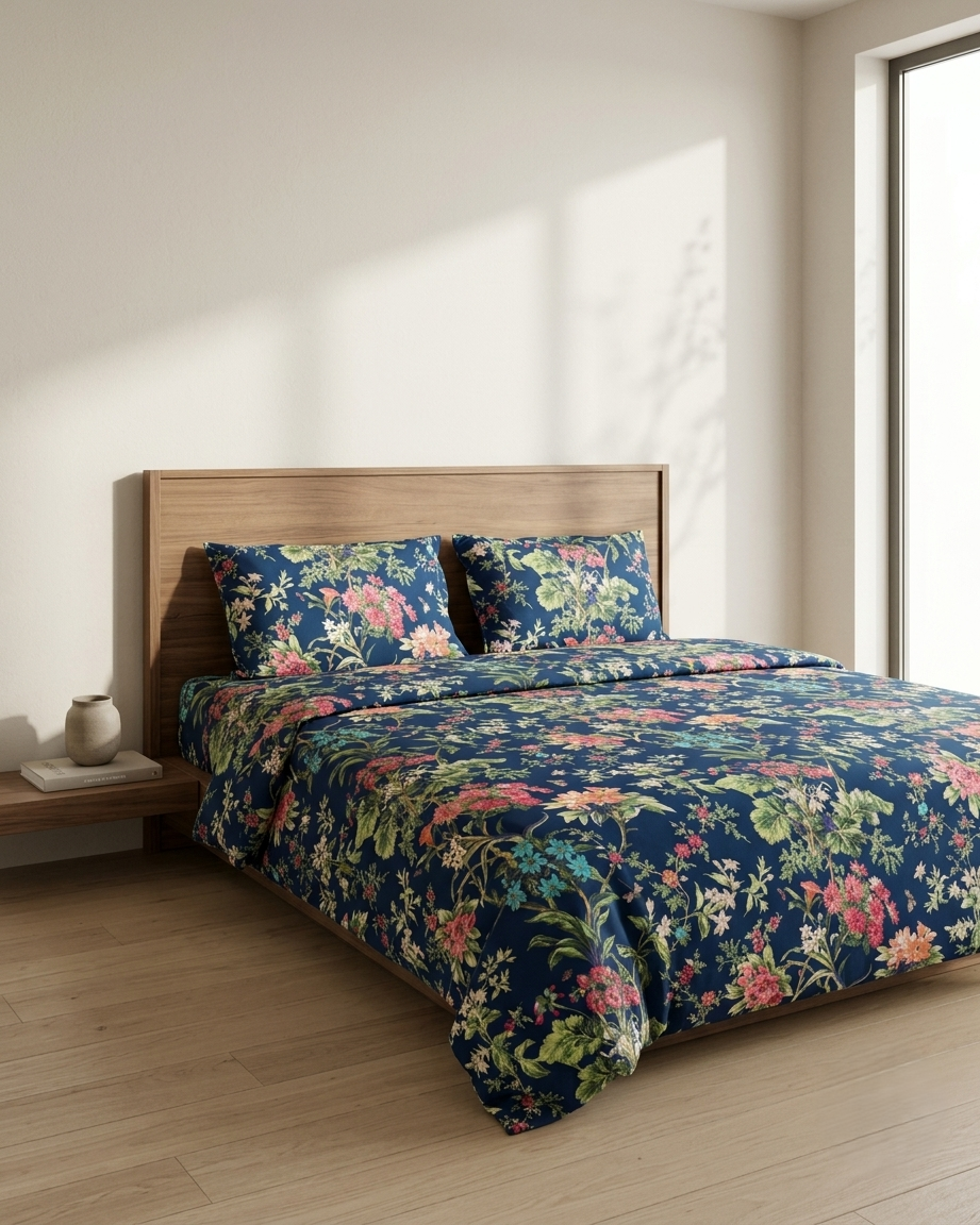 Udaipur Midnight Garden King Xl Bed Sheet And Two Pillow Covers 108X108