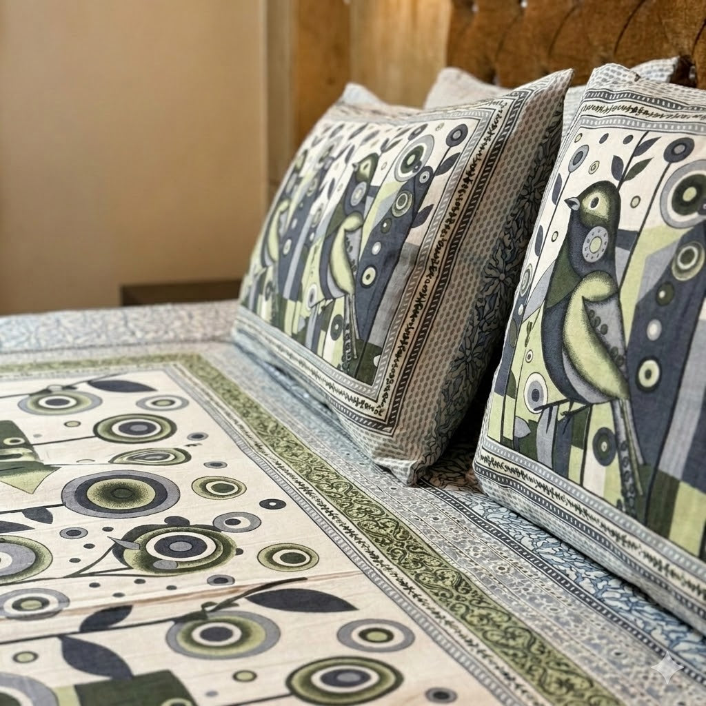 Maharaja Royal Peacock Art Pure Cotton King Size Bedsheet And Two Pillow Covers 90 X 100 Inches - FaagHomes