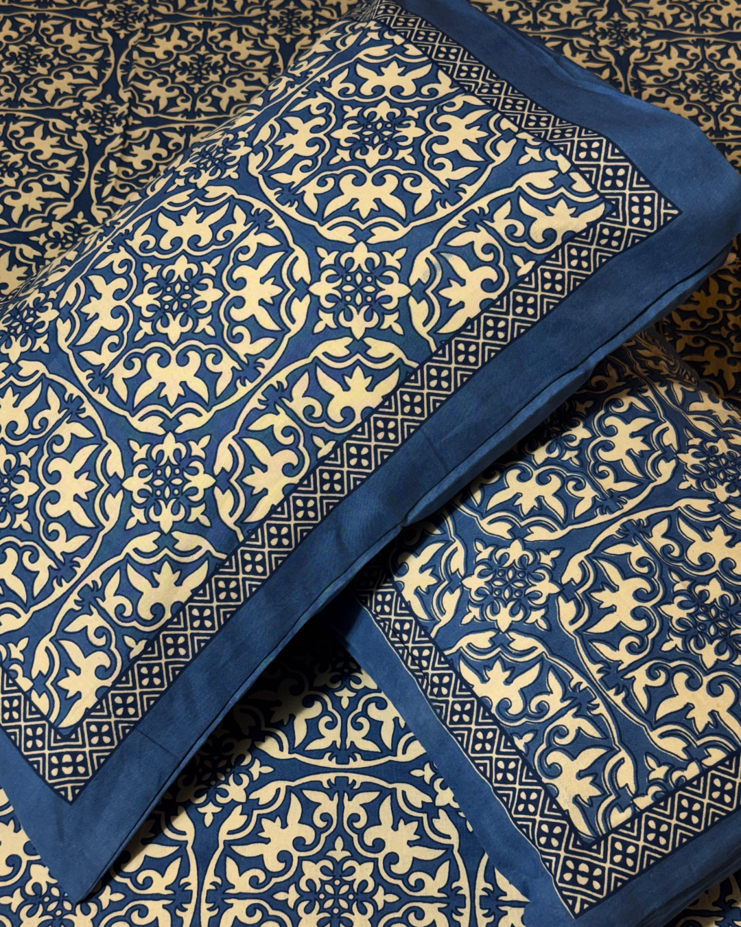 Royal Blue Ethnic Printed Cotton Bedsheet Set with 2 Pillow Covers | Premium Double Bed Bedding | Soft Breathable Designer Bedsheet - FaagHomes