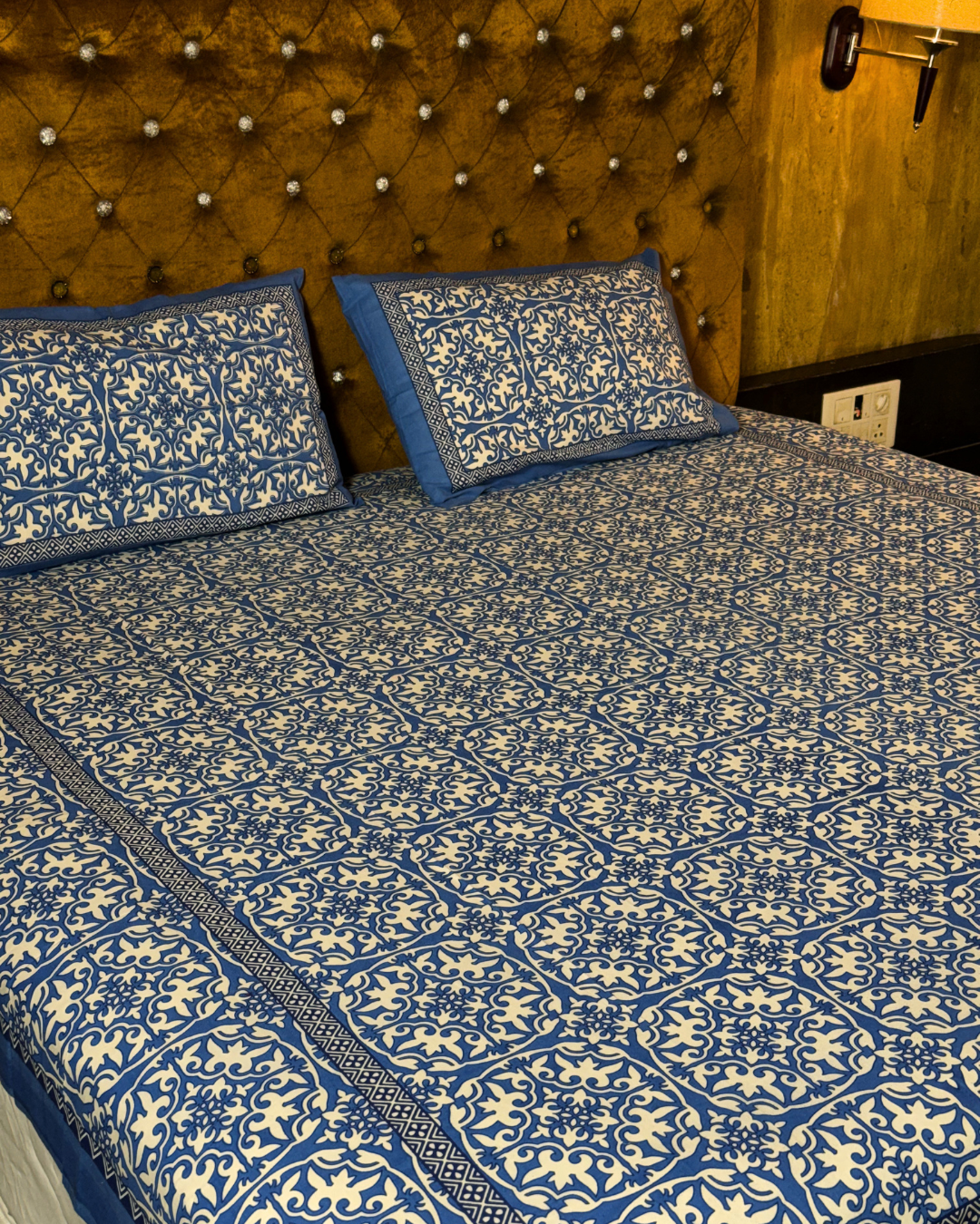 Royal Blue Ethnic Printed Cotton Bedsheet Set with 2 Pillow Covers | Premium Double Bed Bedding | Soft Breathable Designer Bedsheet - FaagHomes