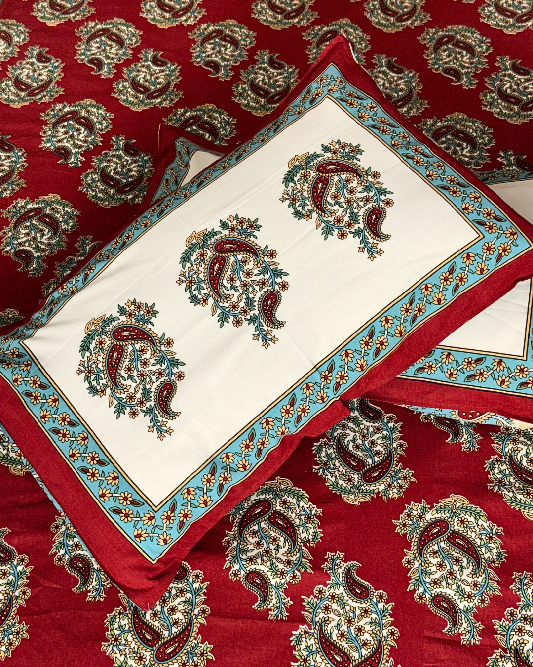 Royal Paisley Printed Bedsheet Set with 2 Pillow Covers | Premium Maroon Cotton Feel Bed Sheet - FaagHomes