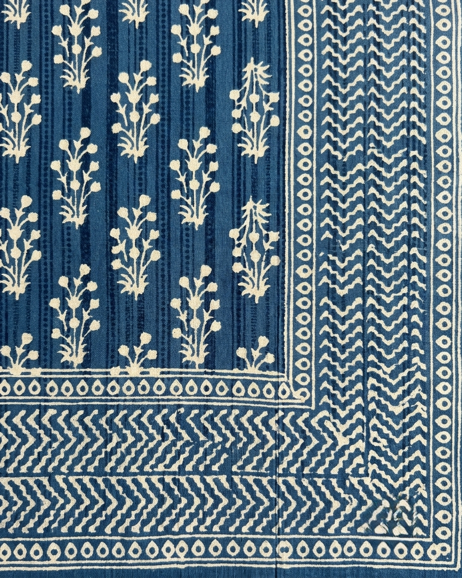 Handblock Blue Floral Cotton Bedsheet Set with 2 Pillow Covers | Traditional Printed Bedding Set - FaagHomes