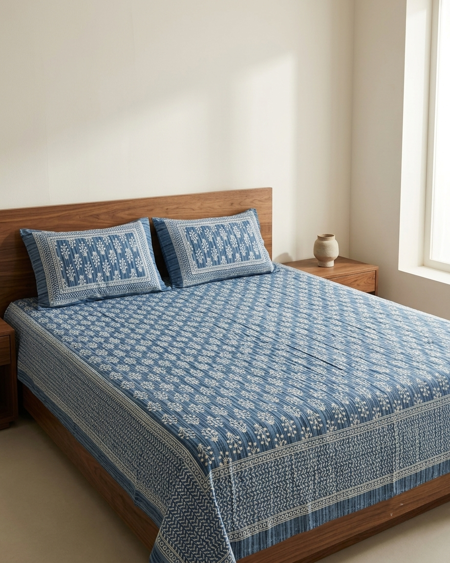 Handblock Blue Floral Cotton Bedsheet Set with 2 Pillow Covers | Traditional Printed Bedding Set - FaagHomes