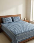 Handblock Blue Floral Cotton Bedsheet Set with 2 Pillow Covers | Traditional Printed Bedding Set - FaagHomes