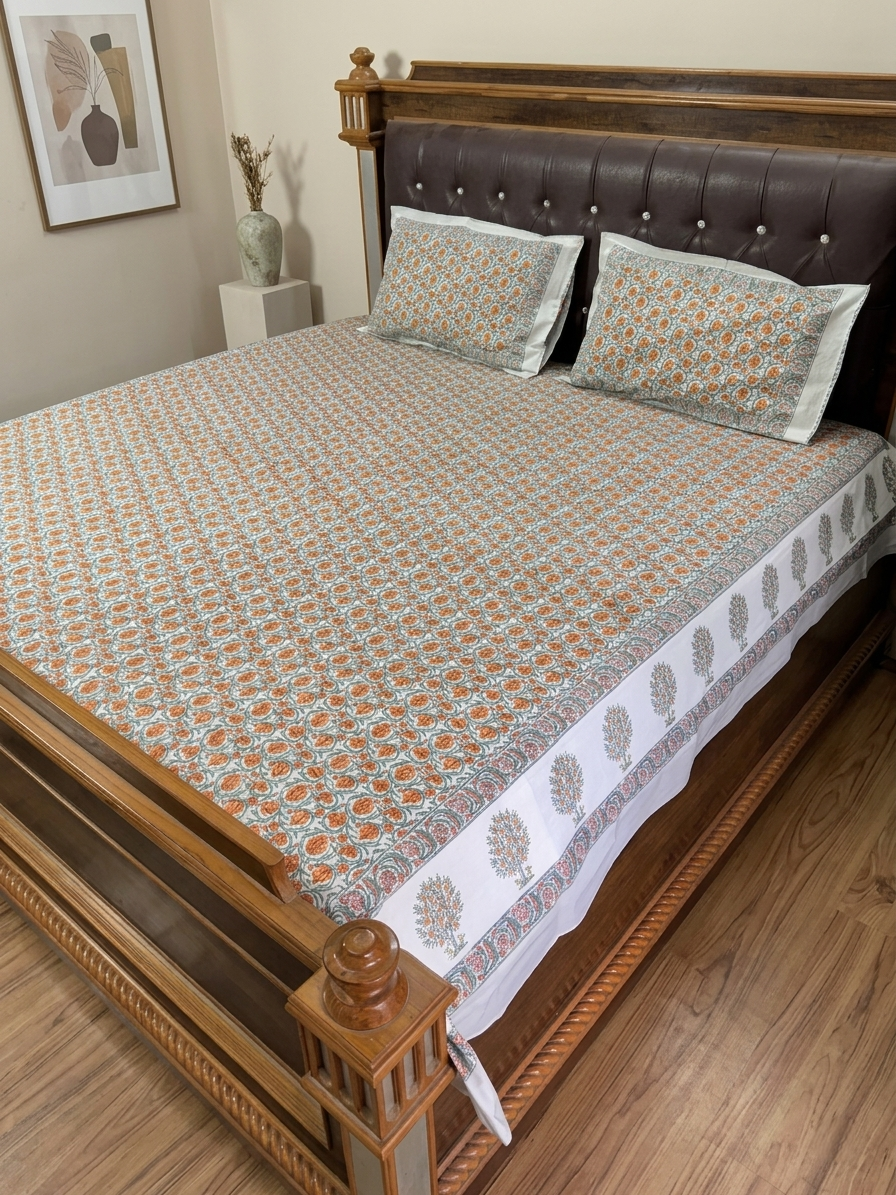 A bed dressed in a patterned cotton sheet and matching pillowcases, shown in a bedroom setting with a wooden bed frame and wood floor.
