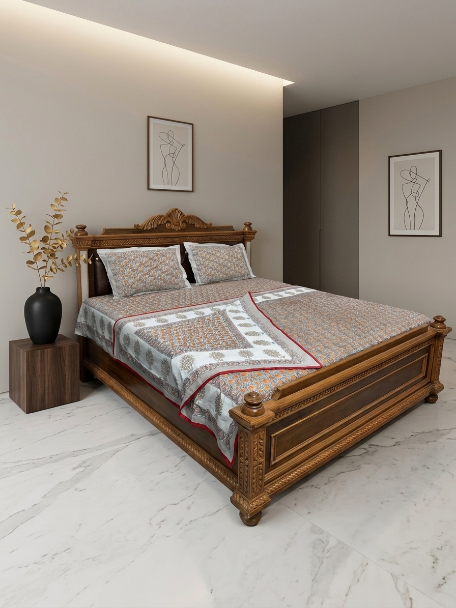 An ornate wooden bed frame with a carved headboard and footboard, dressed in a patterned beige and gray bedding set with red accents, set in a modern bedroom with marble flooring and minimalist wall art.