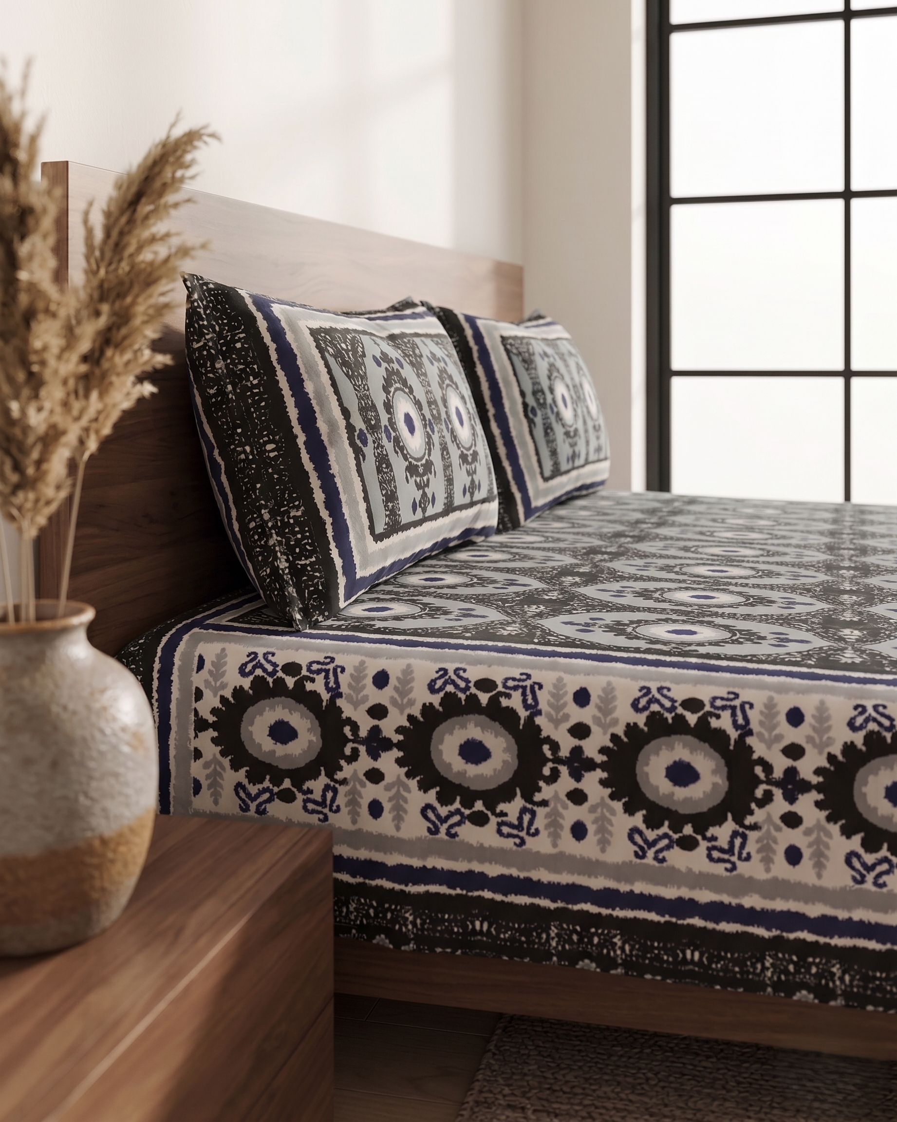 Phulkari Black &amp; White Printed Cotton Bedsheet With Pillow Covers – Soft Breathable Double Bed Sheet Set | Ethnic Geometric Design