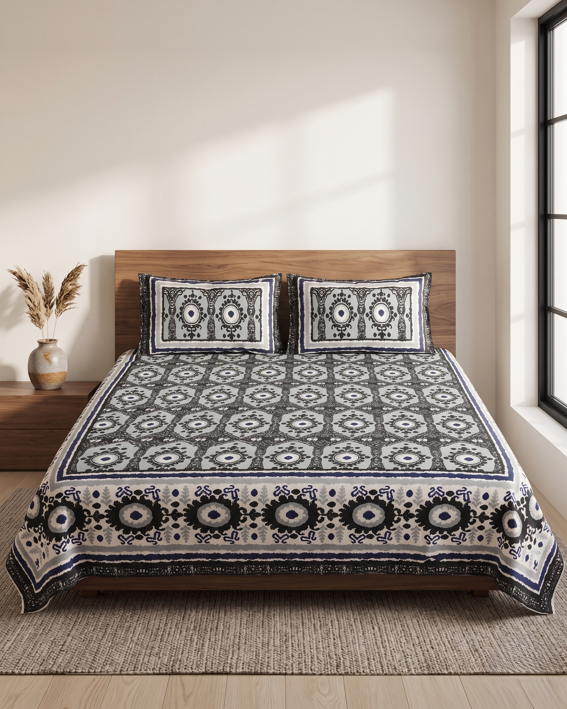 Phulkari Black &amp; White Printed Cotton Bedsheet With Pillow Covers – Soft Breathable Double Bed Sheet Set | Ethnic Geometric Design - FaagHomes
