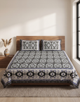 Phulkari Black & White Printed Cotton Bedsheet With Pillow Covers – Soft Breathable Double Bed Sheet Set | Ethnic Geometric Design - FaagHomes