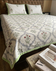 Elegant Floral Cotton Bedsheet Set with 2 Pillow Covers | White & Green Printed Double Bed Bedsheet