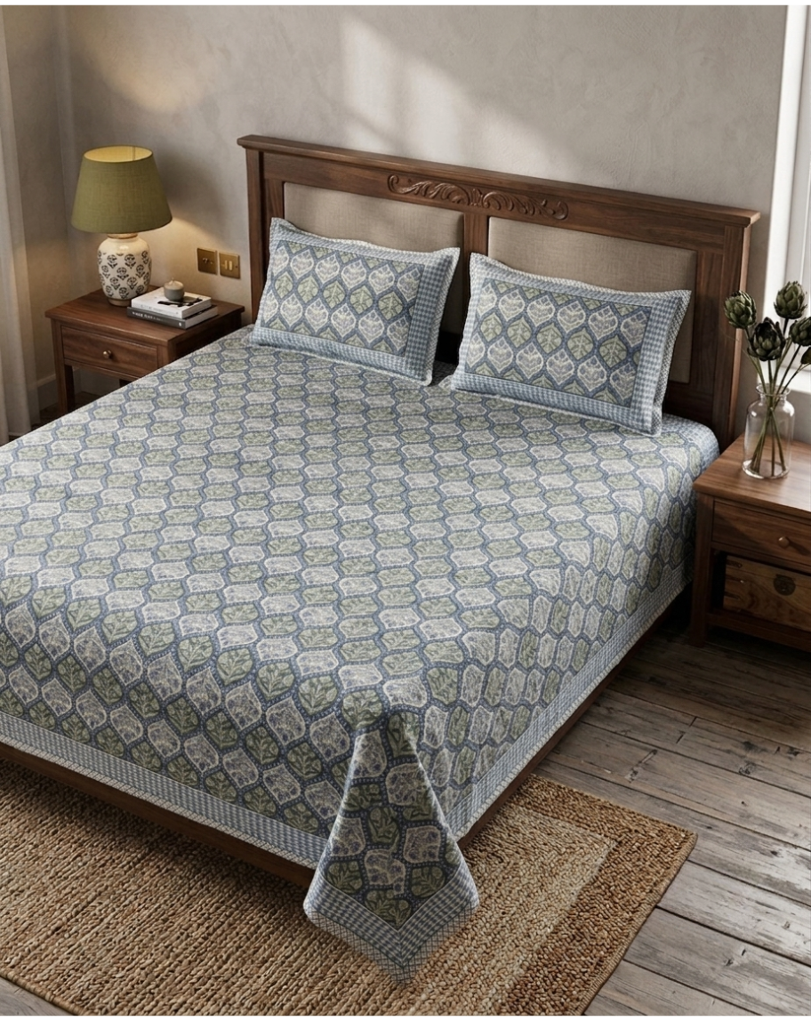 Jaipur Neel Buta Heritage King Bed Sheet And Two Pillow Covers 108X108 King Size