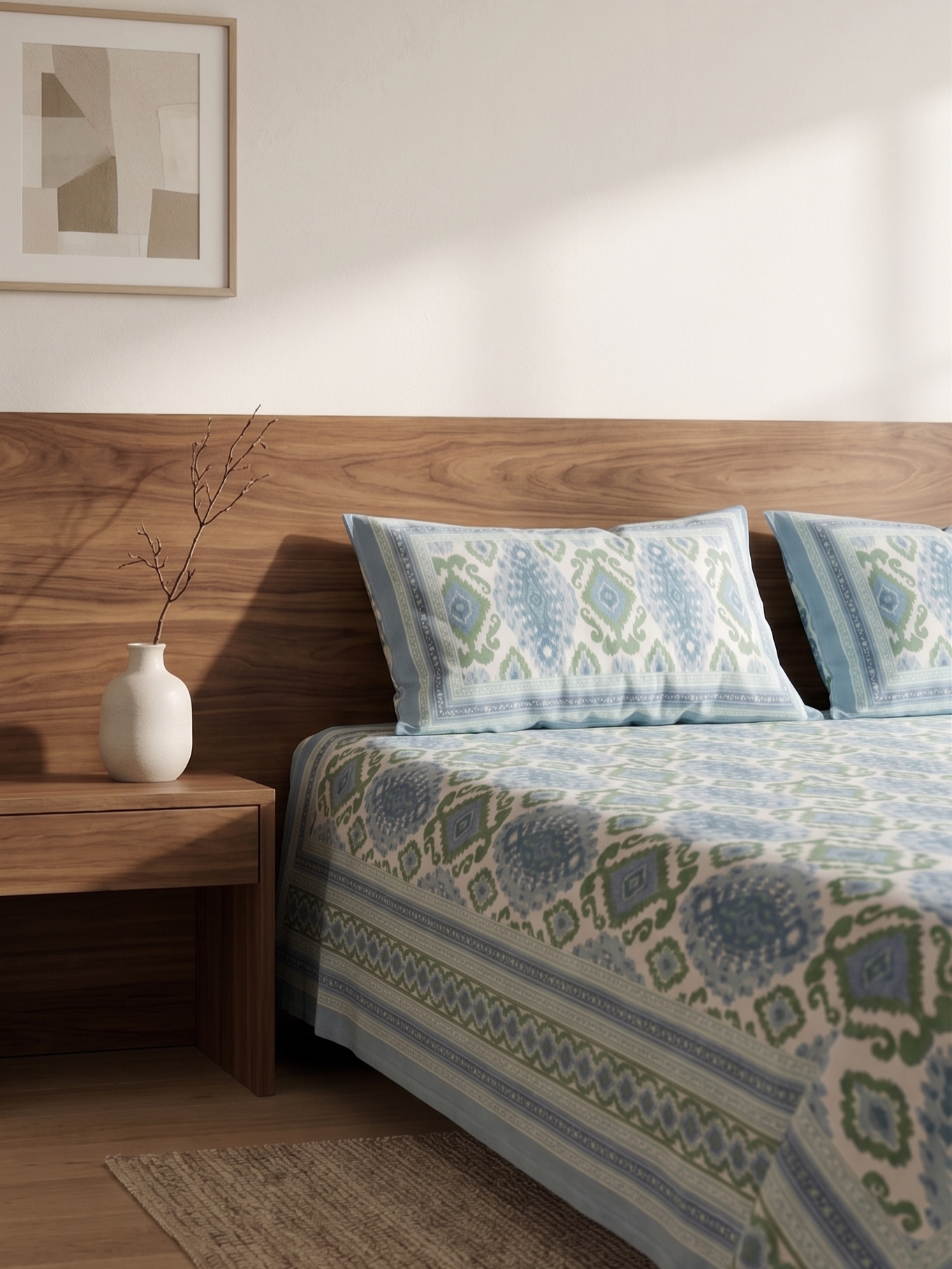 Blue &amp; Green Ikat Print Cotton Bedsheet Set with 2 Pillow Covers | Ethnic Double Bed Bedding Set