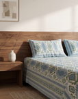 Blue & Green Ikat Print Cotton Bedsheet Set with 2 Pillow Covers | Ethnic Double Bed Bedding Set