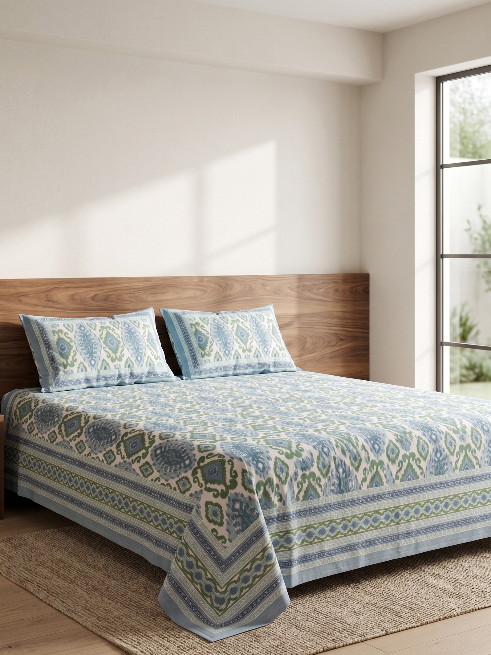 Blue &amp; Green Ikat Print Cotton Bedsheet Set with 2 Pillow Covers | Ethnic Double Bed Bedding Set - FaagHomes