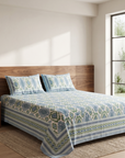 Blue & Green Ikat Print Cotton Bedsheet Set with 2 Pillow Covers | Ethnic Double Bed Bedding Set - FaagHomes