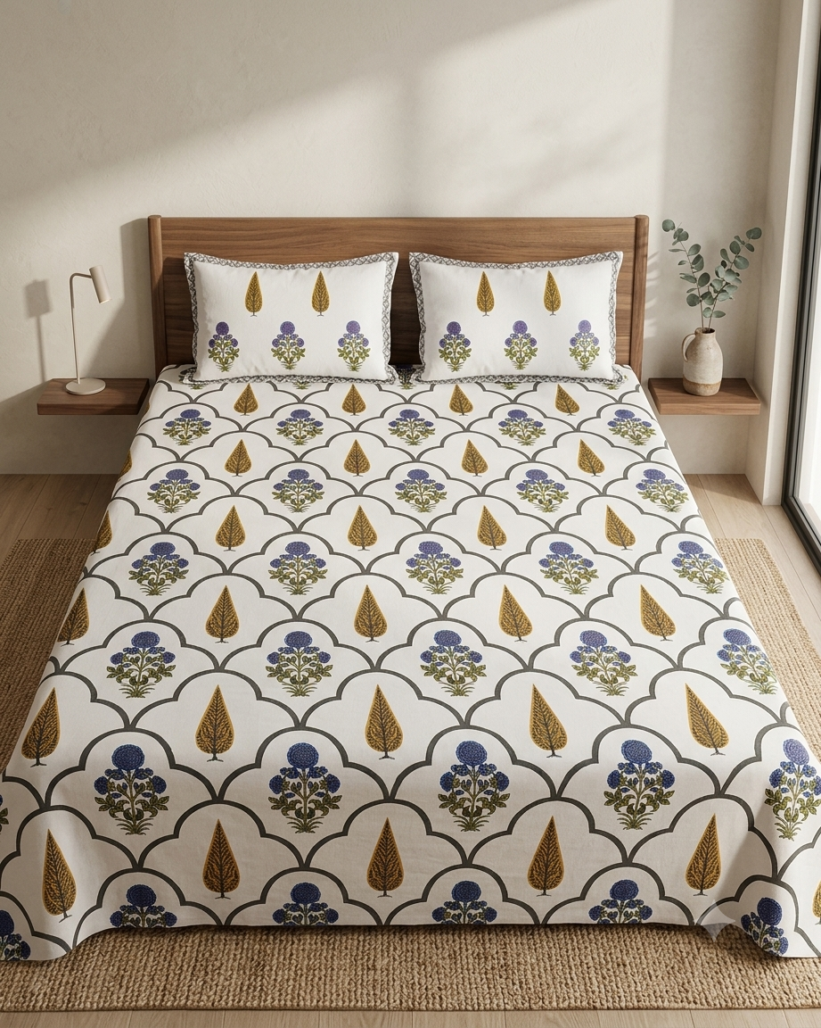 Neel Gulmohar Arch Double Bedsheet And Two Pillow Covers 90X108 - FaagHomes