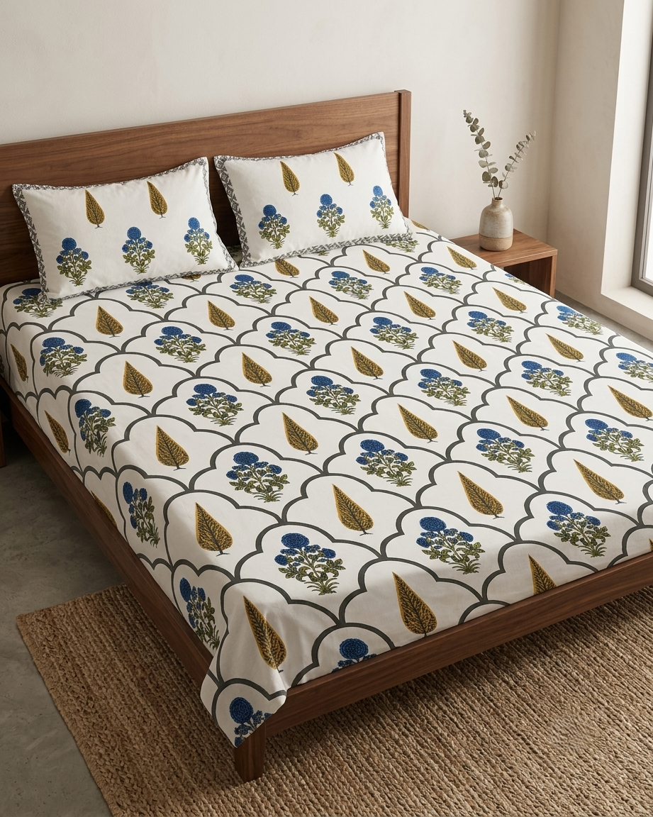 Neel Gulmohar Arch Double Bedsheet And Two Pillow Covers 90X108 - FaagHomes