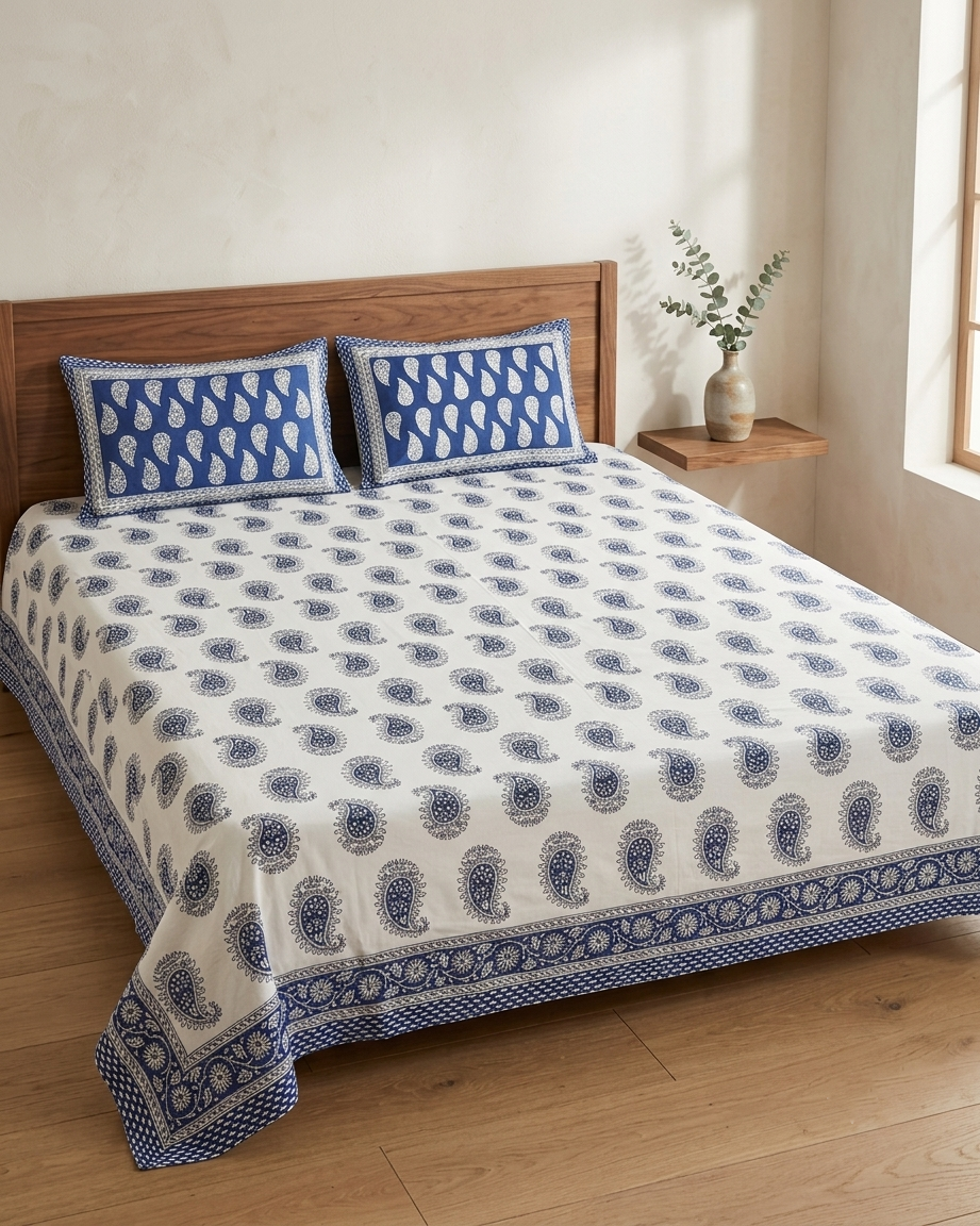 Blue & White Paisley Cotton Bedsheet With Pillow Covers – Soft Breathable Double Bed Sheet Set | Traditional Printed Bedding - FaagHomes
