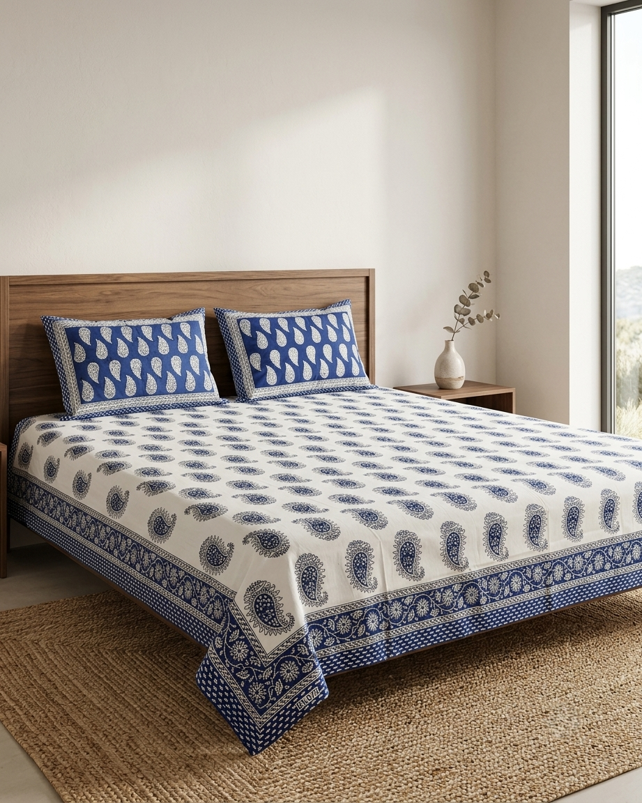 Blue & White Paisley Cotton Bedsheet With Pillow Covers – Soft Breathable Double Bed Sheet Set | Traditional Printed Bedding - FaagHomes