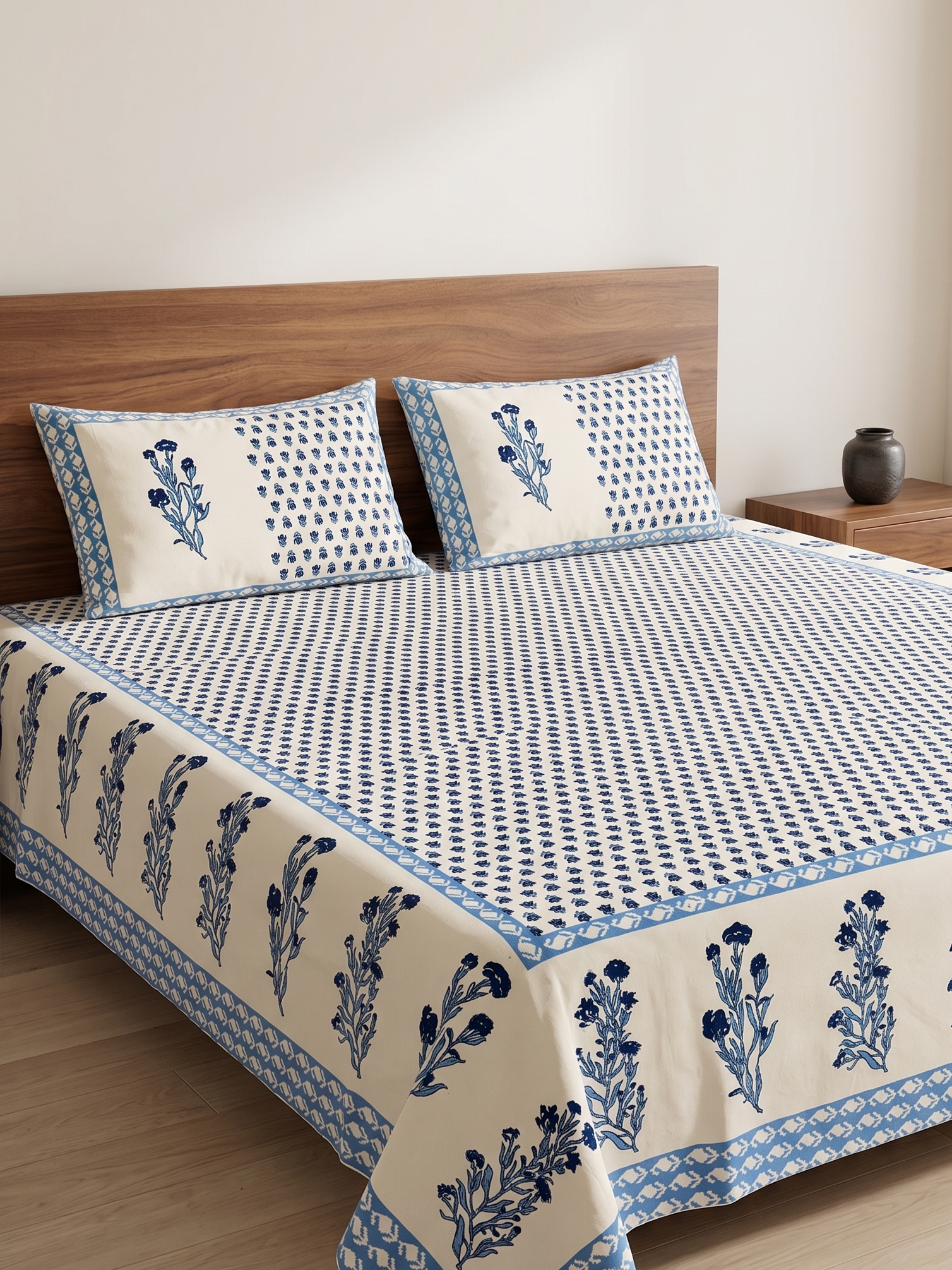 Blue Floral Printed Cotton Bedsheet Set with 2 Pillow Covers | Elegant Handblock Style Bedding Set - FaagHomes