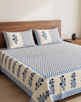Blue Floral Printed Cotton Bedsheet Set with 2 Pillow Covers | Elegant Handblock Style Bedding Set - FaagHomes