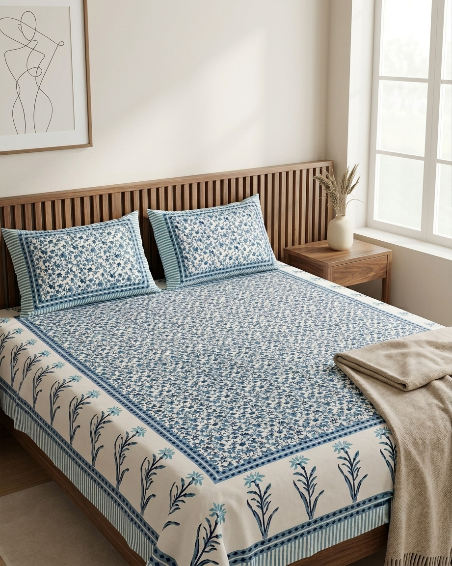 Jaipur Indigo Vana Queen Size Bedsheet And Two Pillow Covers 90 X 100 - FaagHomes