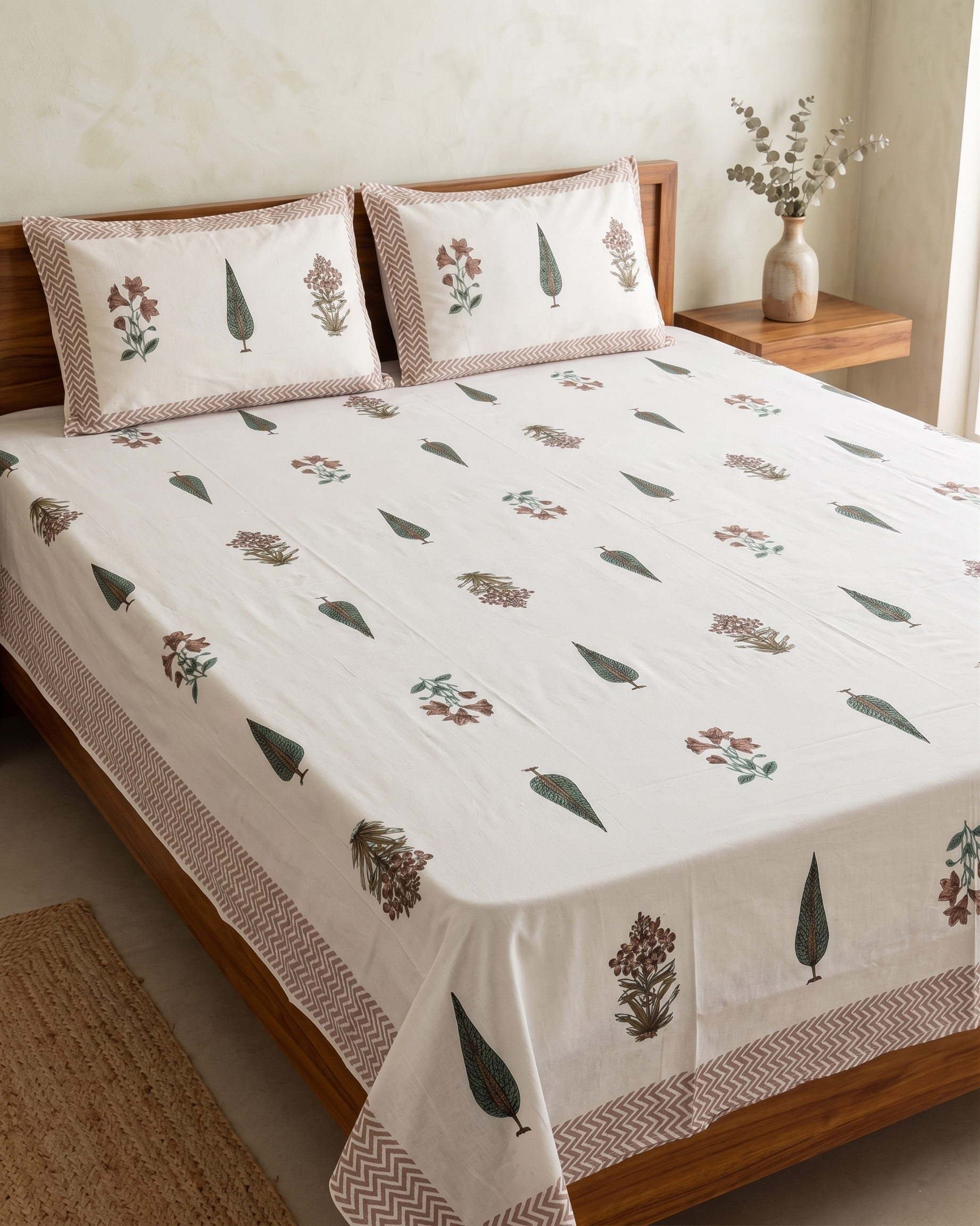 Udaipur Botanical Elegance Bed Sheet And Two Pillow Covers 90 X 108