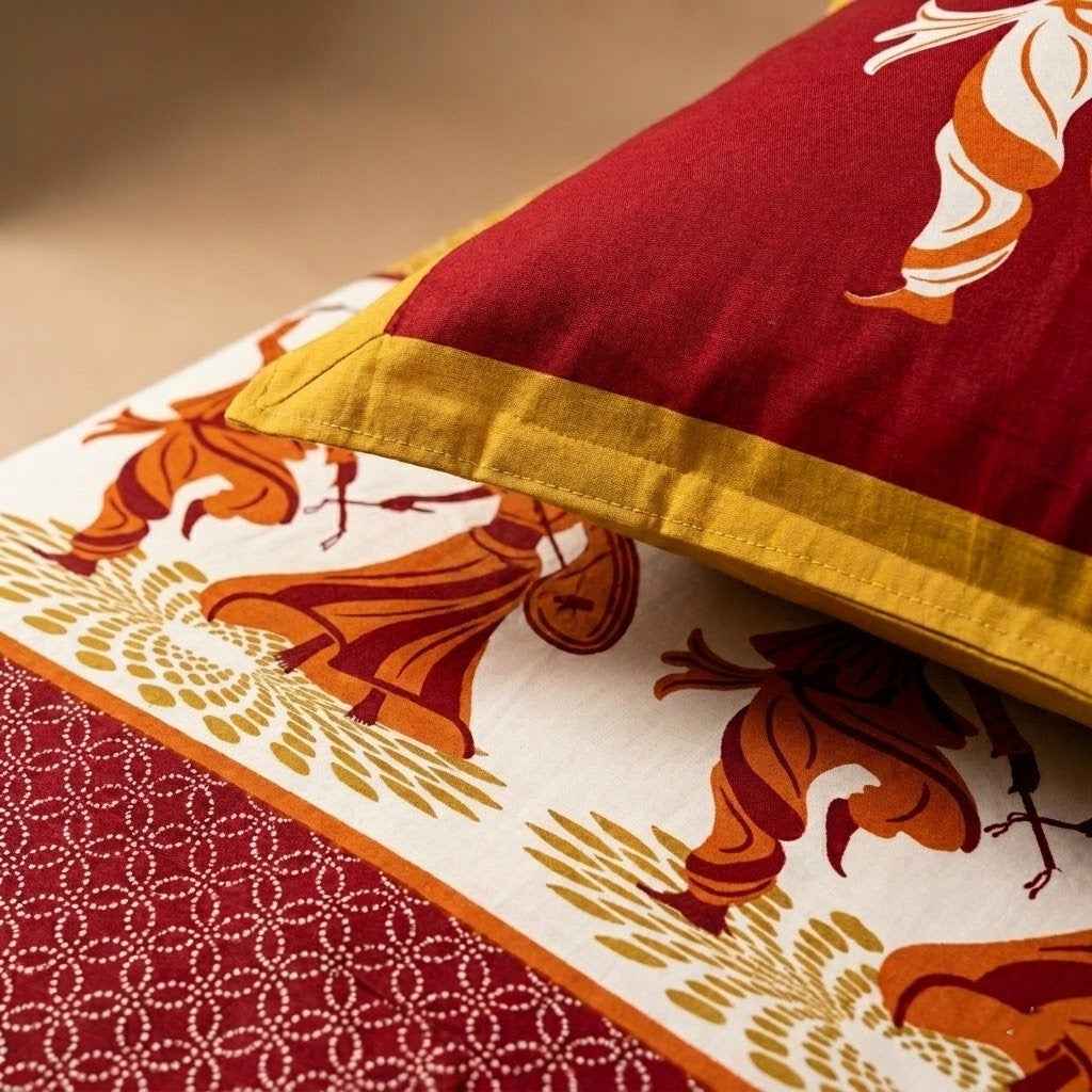 Maharaja Royal Folk Dance Pure Cotton King Size Bedsheet And Two Pillow Covers (120X120 Inches)