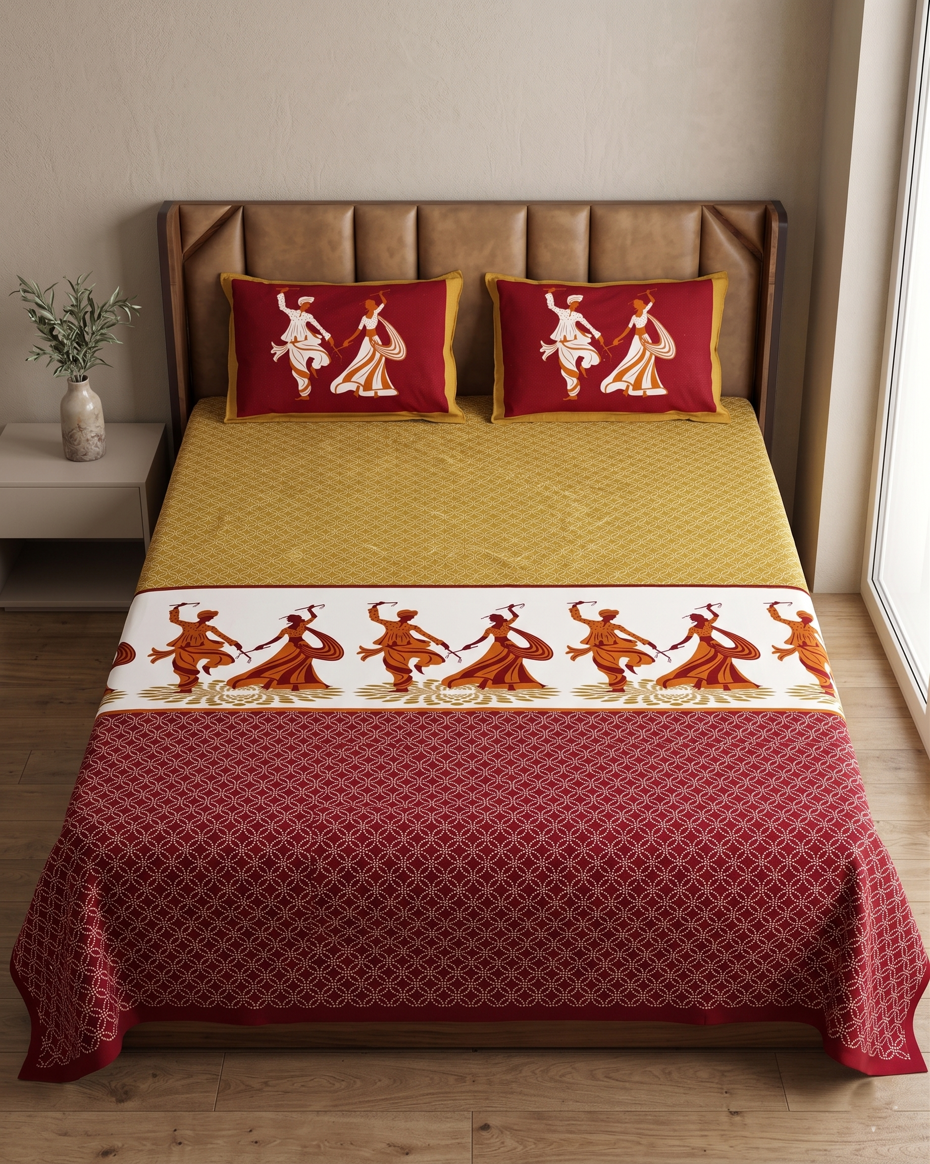 Maharaja Royal Folk Dance Pure Cotton King Size Bedsheet And Two Pillow Covers (120X120 Inches) - FaagHomes