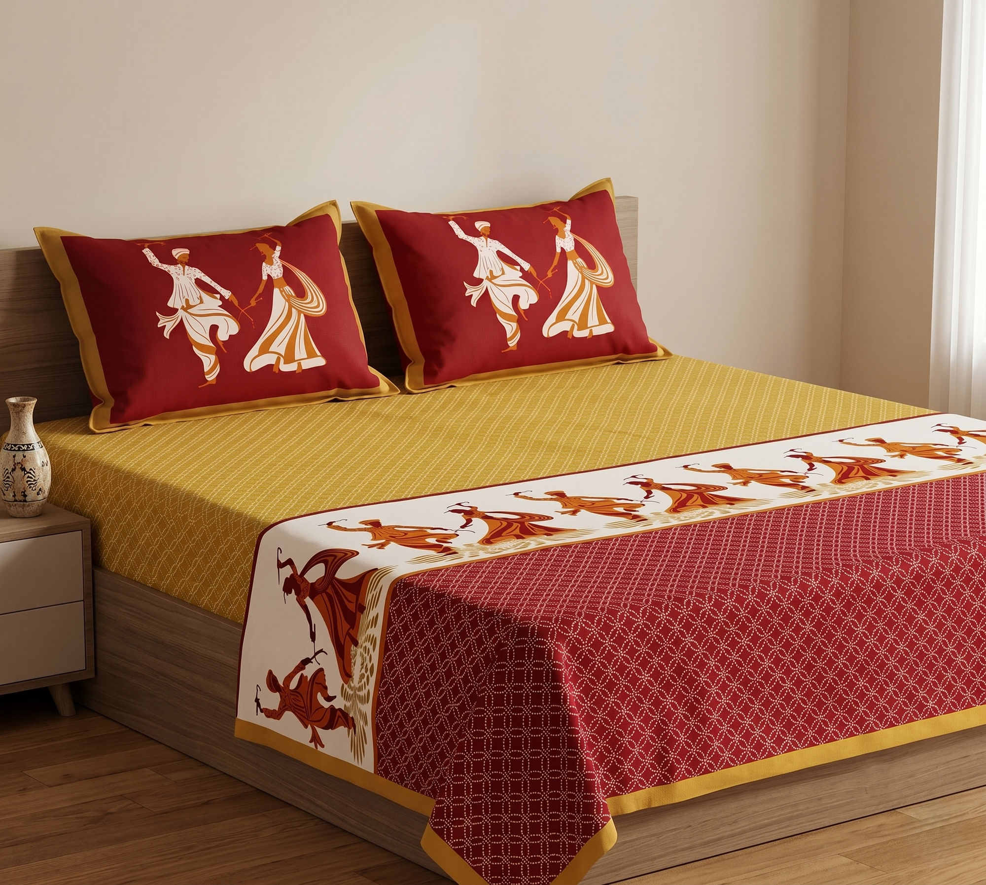 Maharaja Royal Folk Dance Pure Cotton King Size Bedsheet And Two Pillow Covers (120X120 Inches)