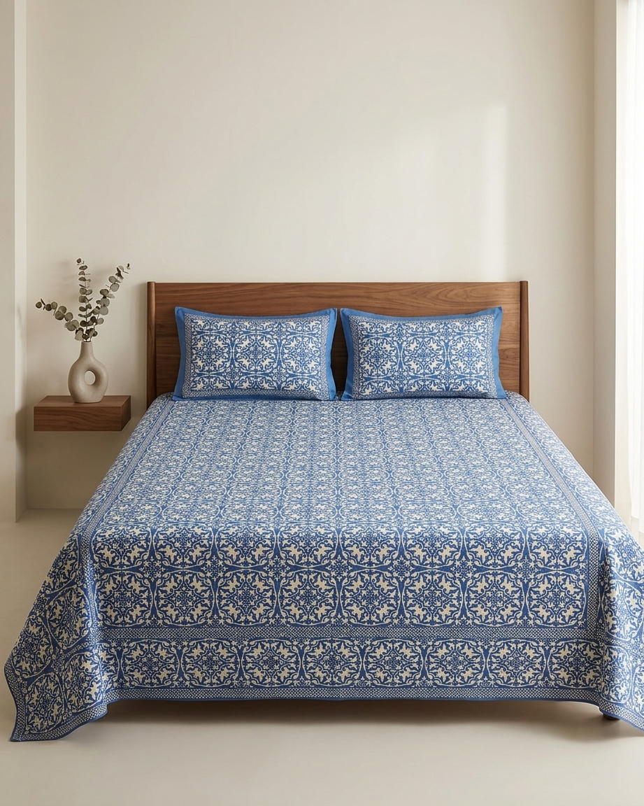 Royal Blue Tile Print Pure Cotton King Size Bedsheet And Two Pillow Covers 90 X 100 Inches - FaagHomes