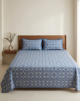 Royal Blue Tile Print Pure Cotton King Size Bedsheet And Two Pillow Covers 90 X 100 Inches - FaagHomes