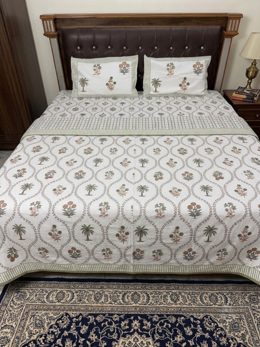 A bed dressed in a white patterned quilted sheet set with matching pillowcases, featuring a repeating geometric and palm tree motif. The bed has a dark brown tufted wooden headboard, a bedside lamp, and a patterned rug on the floor.