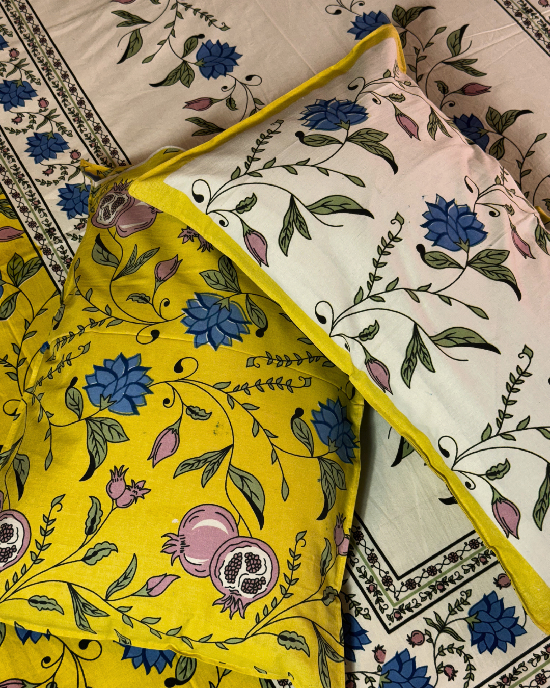 Yellow Floral Printed Cotton Bedsheet with 2 Pillow Covers | Ethnic Handblock Style Double Bed Bedding Set - FaagHomes