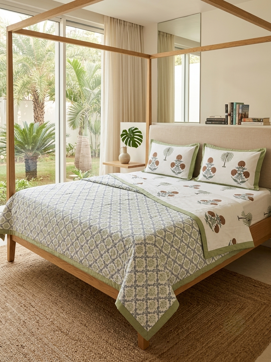 A neatly made bed in a bright bedroom featuring a white quilted cover with a blue geometric pattern and green border, matching pillow shams with a tree motif, and a wooden canopy bed frame. Large windows and curtains reveal a tropical garden outside.