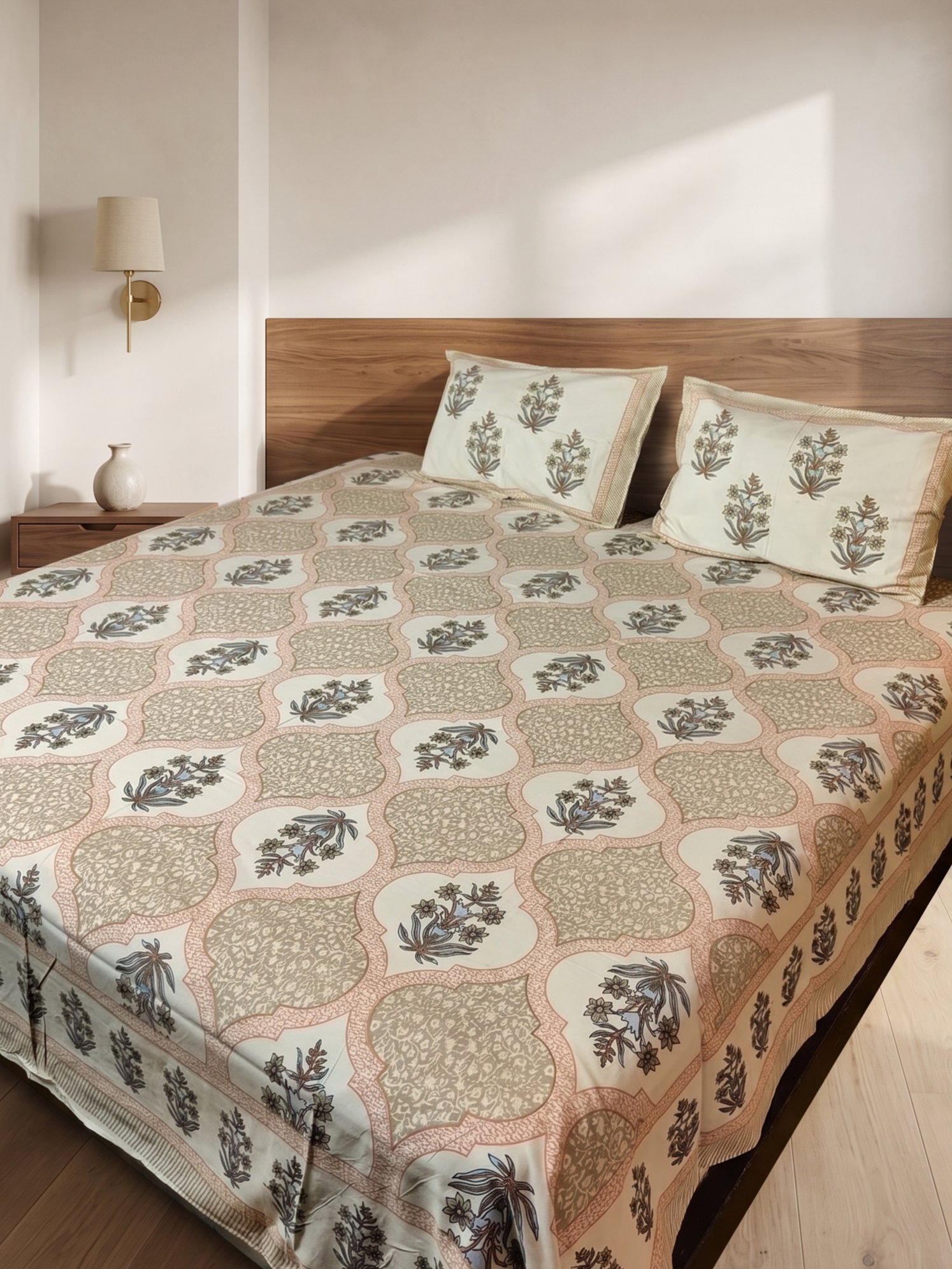 Floral Cotton Bedsheet Set with 2 Pillow Covers – Beige & Pink Ethnic Print | Soft Double Bed Bedsheet - FaagHomes