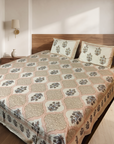 Floral Cotton Bedsheet Set with 2 Pillow Covers – Beige & Pink Ethnic Print | Soft Double Bed Bedsheet - FaagHomes