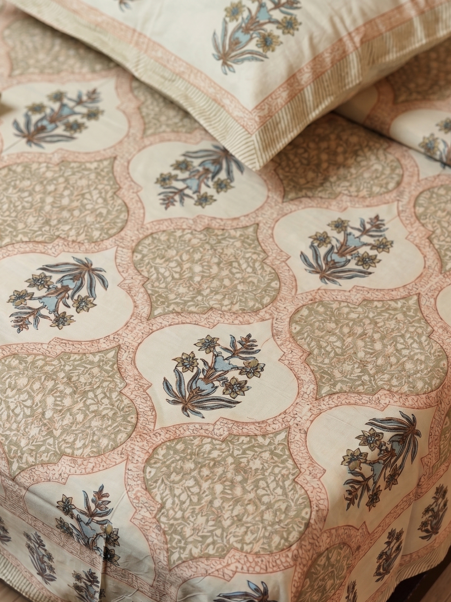 Floral Cotton Bedsheet Set with 2 Pillow Covers – Beige &amp; Pink Ethnic Print | Soft Double Bed Bedsheet - FaagHomes