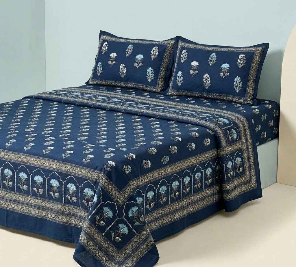Maharaja Royal Indigo Floral Pure Cotton King Size Bedsheet And Two Pillow Covers (108X108 Inches)