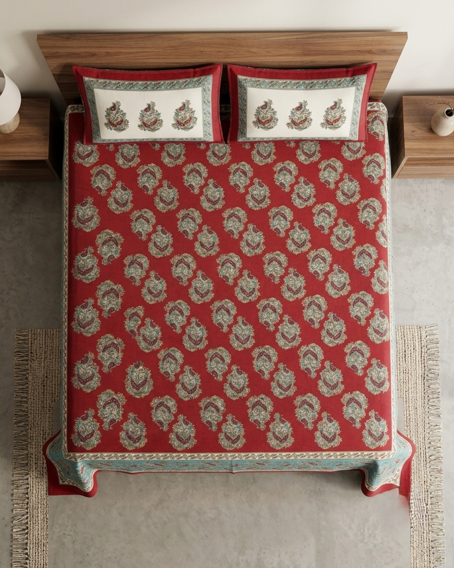 Royal Paisley Printed Bedsheet Set with 2 Pillow Covers | Premium Maroon Cotton Feel Bed Sheet - FaagHomes