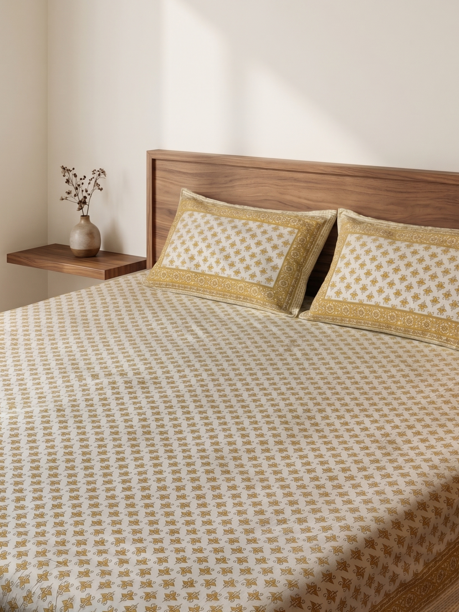 Premium Printed Cotton Bedsheet with 2 Pillow Covers | Elegant Beige &amp; Gold Pattern Double Bed Bedding Set - FaagHomes