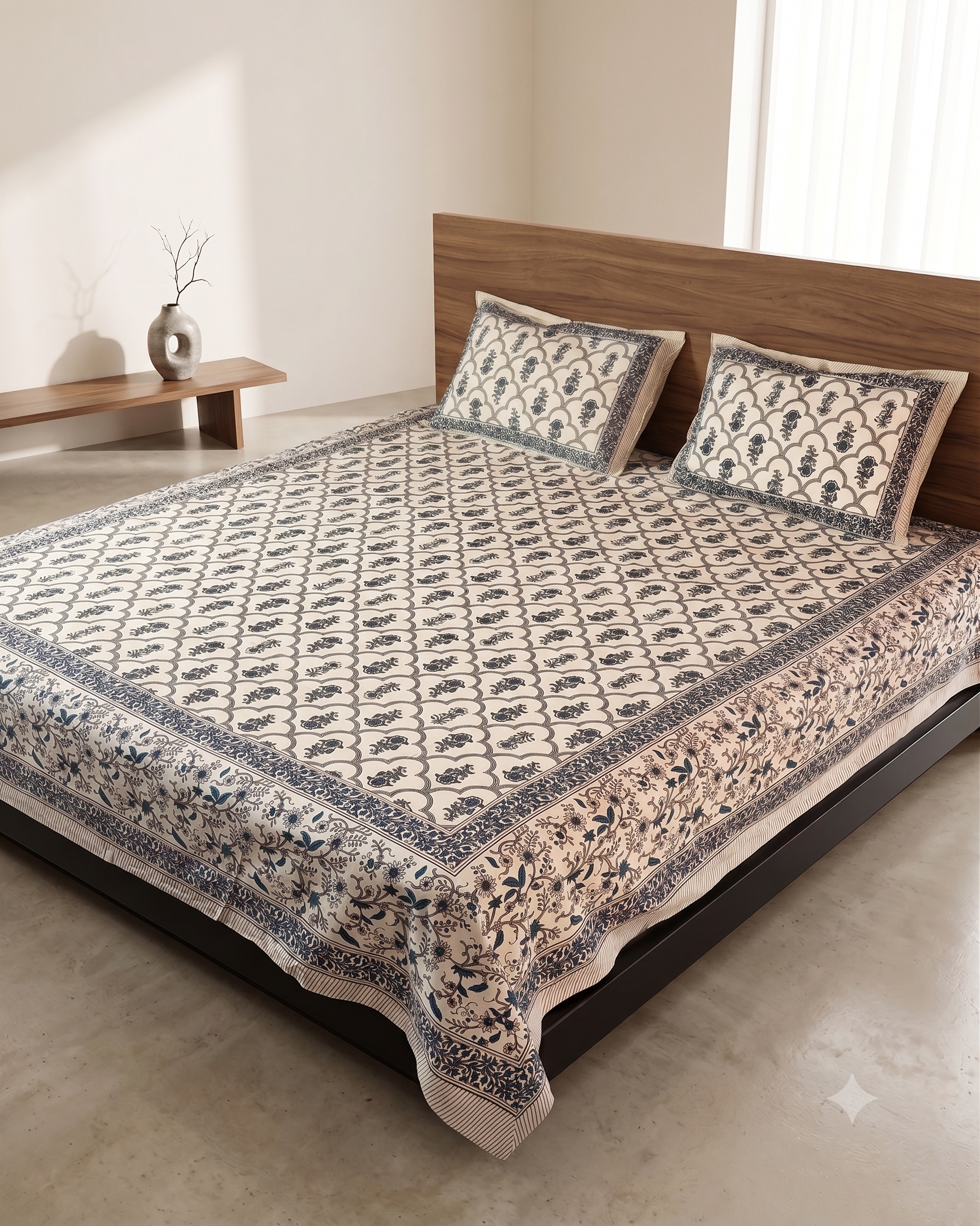 Premium Cotton Floral Print Double Bedsheet with 2 Pillow Covers – Elegant Handblock Style White & Blue Bed Sheet Set for Queen & King Size Beds - FaagHomes