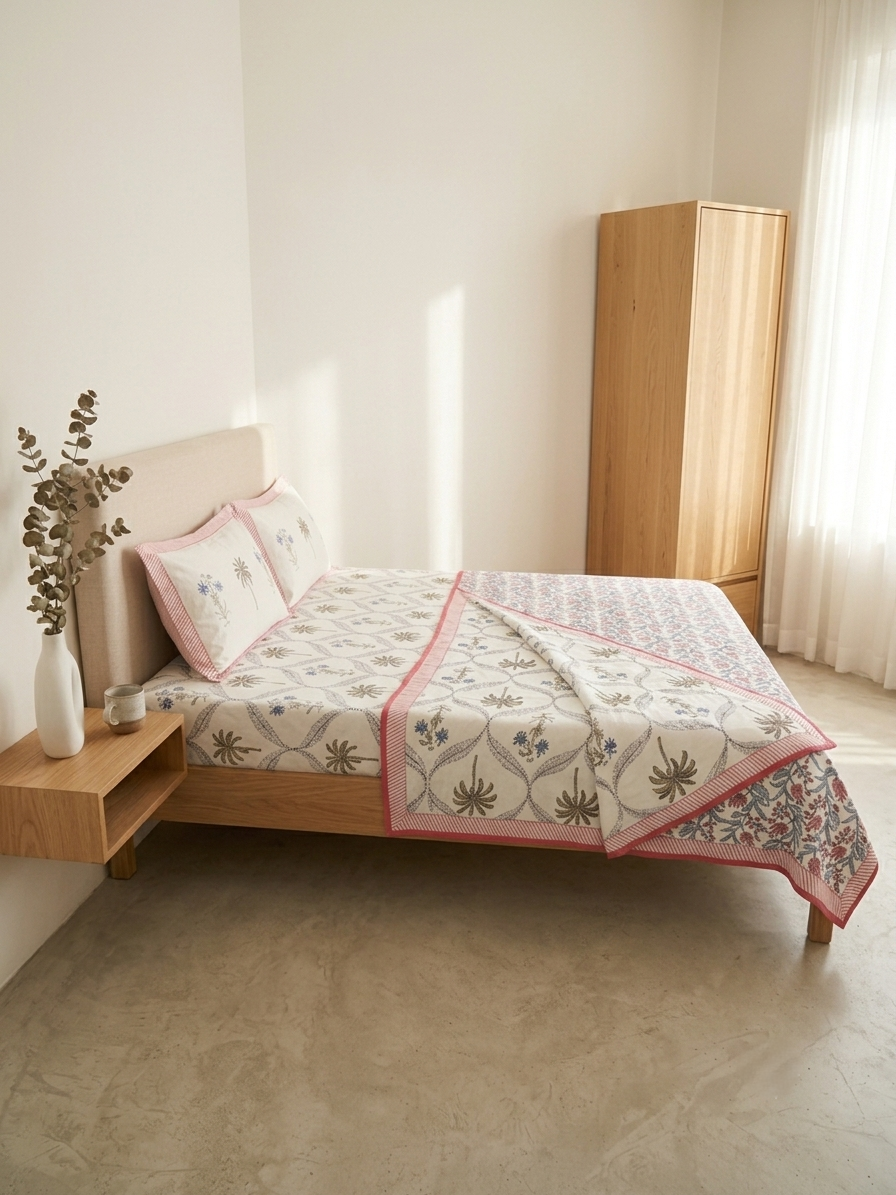 Pink Botanical Premium Cotton Dohar Set with Bedsheet – 4 PC Double Bed Set